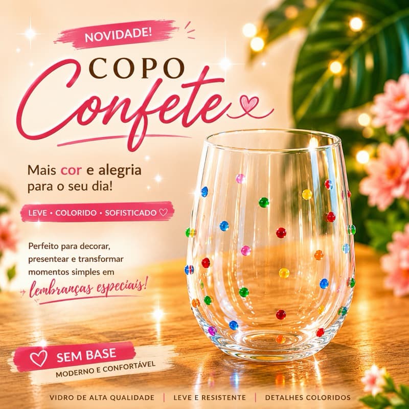 Copo Vidro Confeti Colorido Relevo Bolinha Pingo Gota Orbes Moderno 520ml Água Suco Chá Transparente