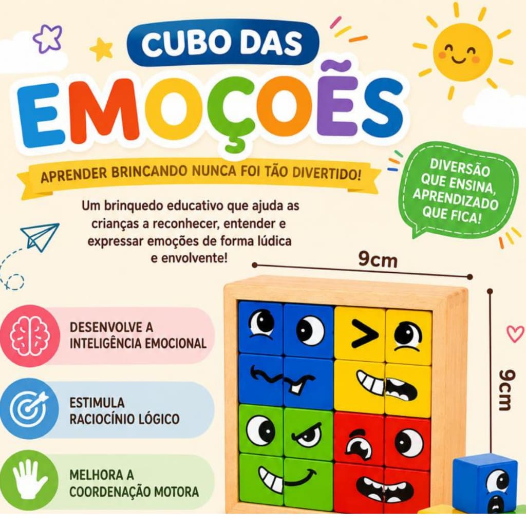 Cubo das Emoções Montessori Jogo Educativo Expressões Faciais Infantil em Madeira
