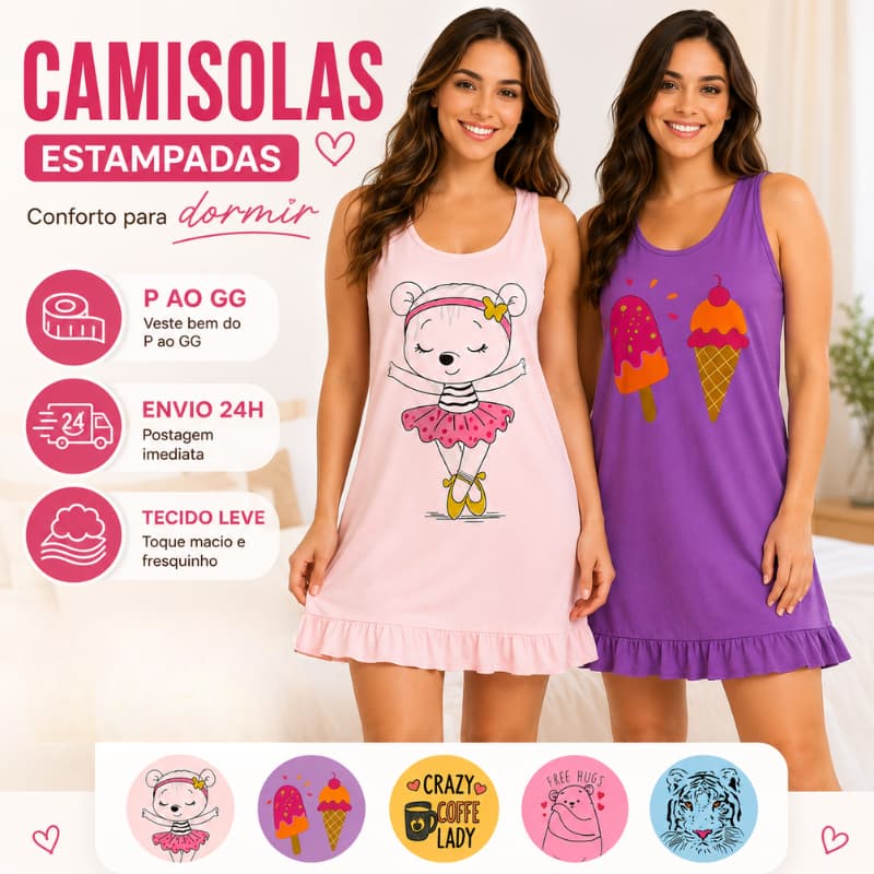 Camisola Feminina Estampada Alça Regata Babydoll Curta Confortável P ao GG | 859 | Oferta