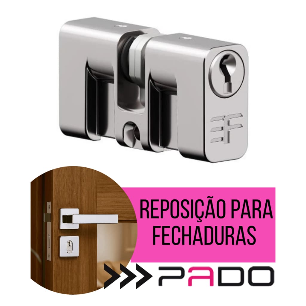 Cilindro Miolo para Reposição Fechadura Pado Inox Cromado com 2 chaves 3F