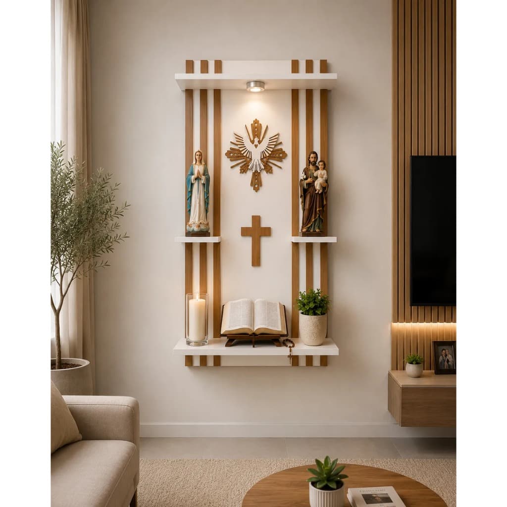 Oratório Ripado Altar Suporte Parede Ripado Imagem Espírito Santo Com Led