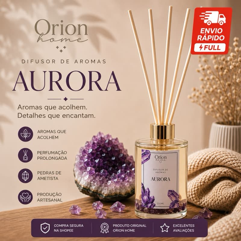 Difusor de Aromas Aurora 250ml | Pedras de Ametista | Essência Premium | Aromatizador de Ambientes Orion Home