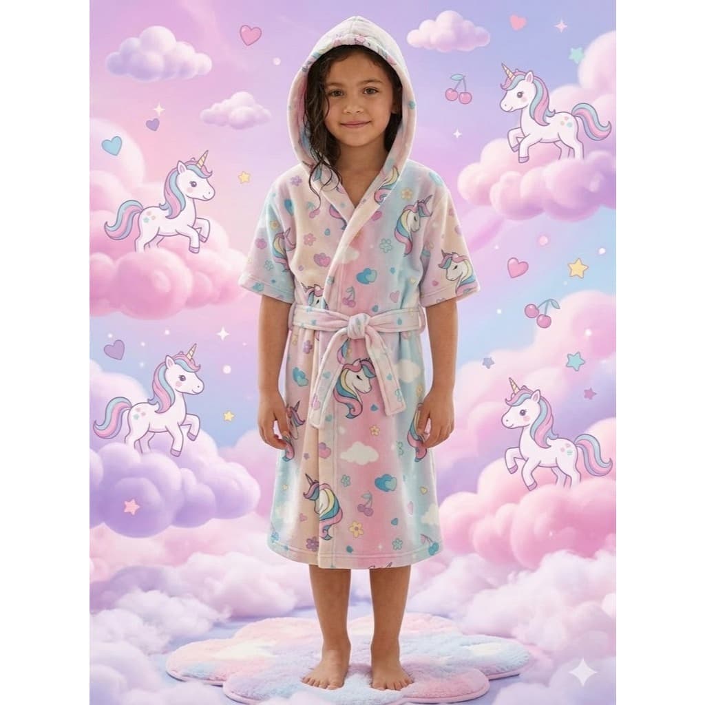 Roupão de banho atoalhado menina estampado Unicórnio, Margaridas, Doces, Corações - Manga curta, com capuz e cinto