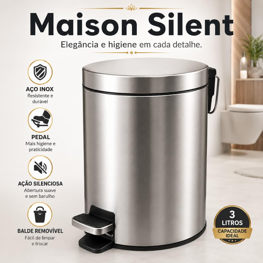 Lixeira Inox 3 Litros com Pedal Ação Silenciosa Balde Interno Removível Maison Silent