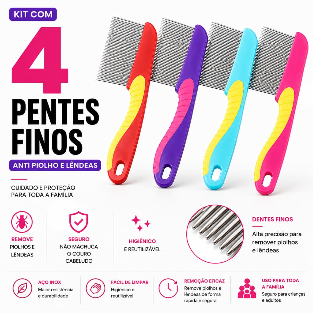 Kit 4 Pentes Fino Anti Piolho em Aço Inox com Cabo Emborrachado – Remove Piolhos e Lêndeas
