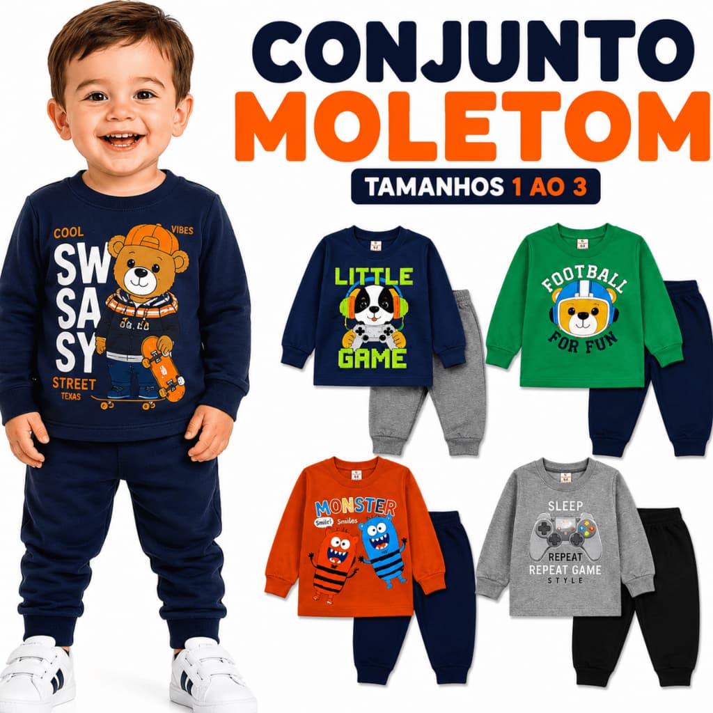Conjunto Quentinho Moletom Bebê Infantil Menino Inverno Manga Longa Tam 1 ao 8 Roupa Infantil Inverno