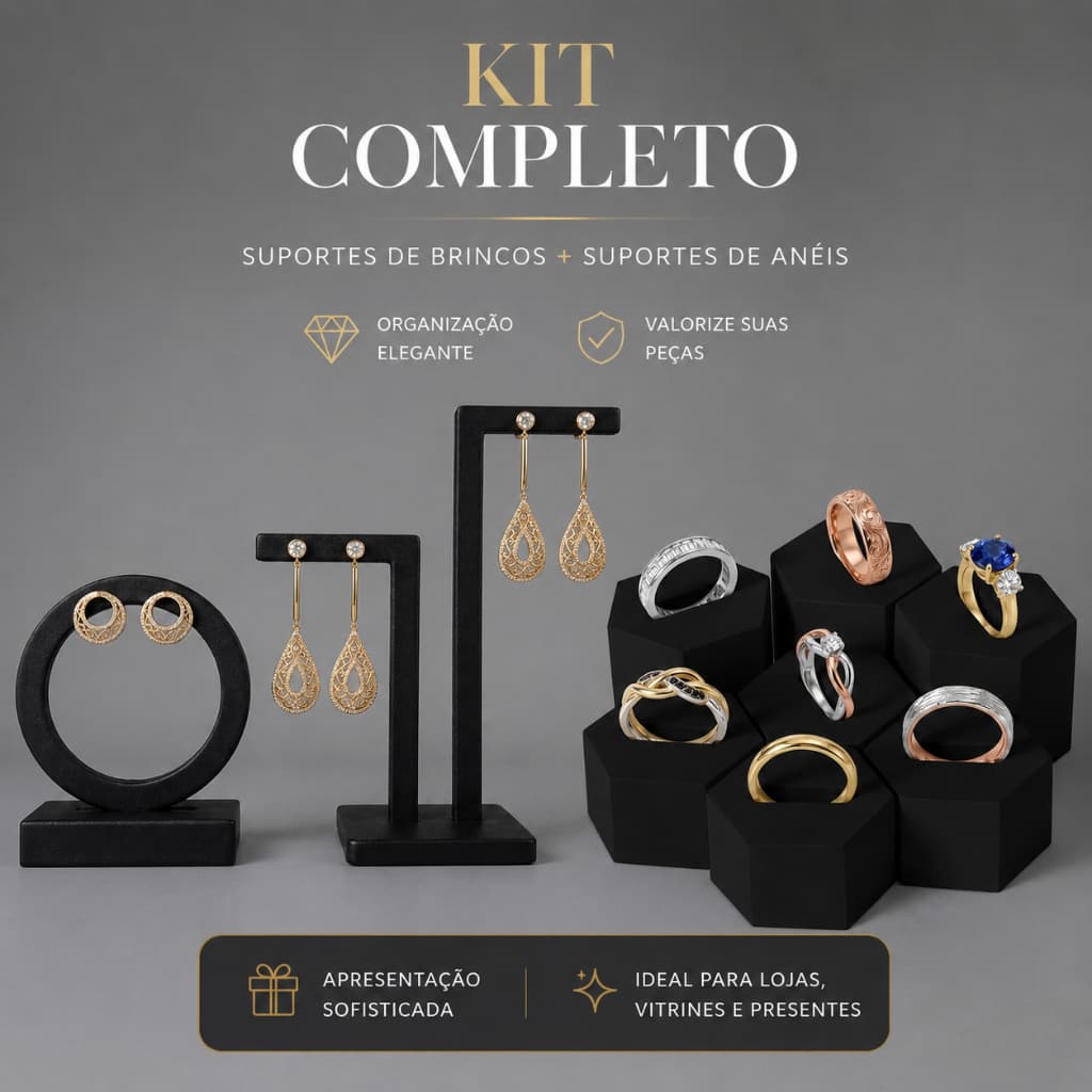 Kit 2 Expositor de Brincos + 6 Expositor para Anéis em Formato Hexagonal para Joias e Bijuterias