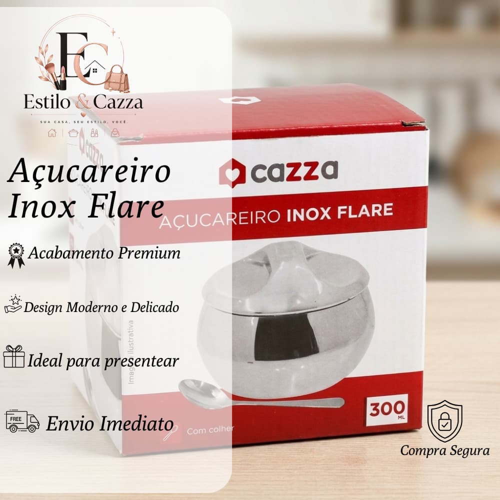 Açucareiro Inox 300ml  Com Colher Cazza Mesa Posta Cantinho do Café