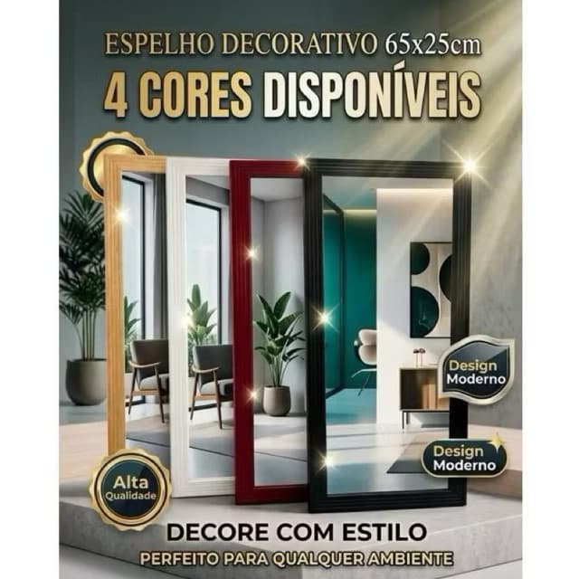 Espelho Decorativo Retangular 4 Cores 65x25  Moldura Moderna Sala Quarto Banheiro