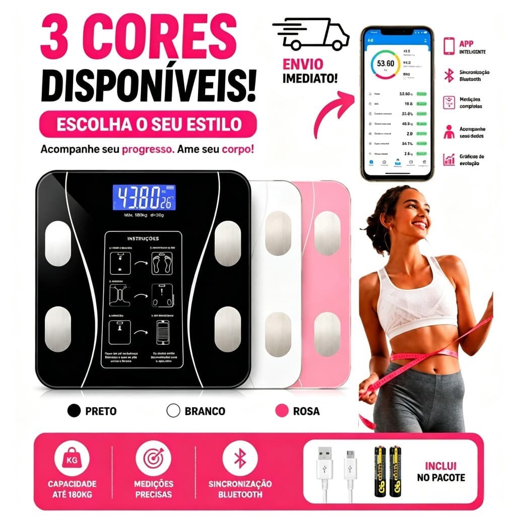 Balança Bioimpedância Digital 180kg, App Bluetooth 13 Indicadores, Suporta 24 Usuários Família