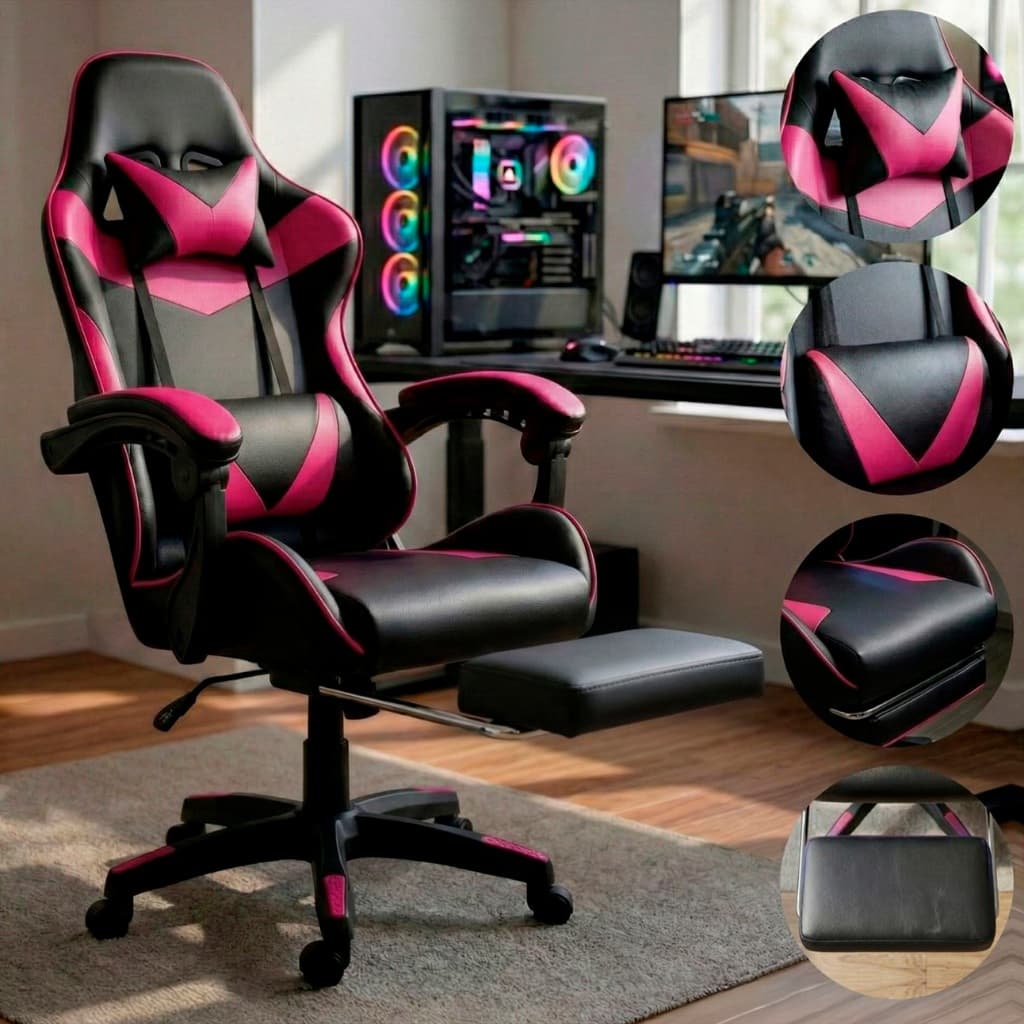 Cadeira Gamer Jogos e Escritório Reclinável Ergonômica Em Couro Pu Com Apoio Para Pés Confortável