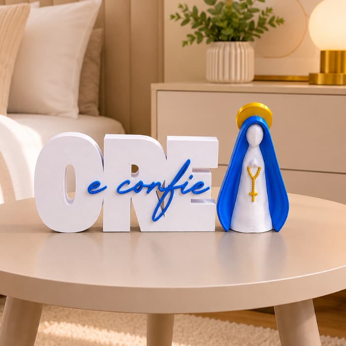 Decoração Letreiro Ore e Confie e Nossa senhora Aparecida,Decoração minimalista cristã para quarto , escritório