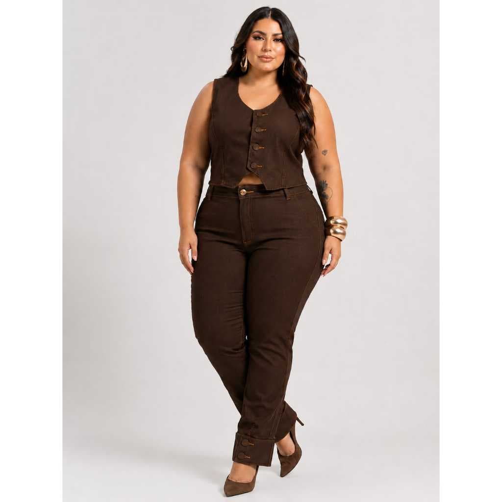 Conjunto Plus Size Calça e Colete Jeans Feminino Com Lycra