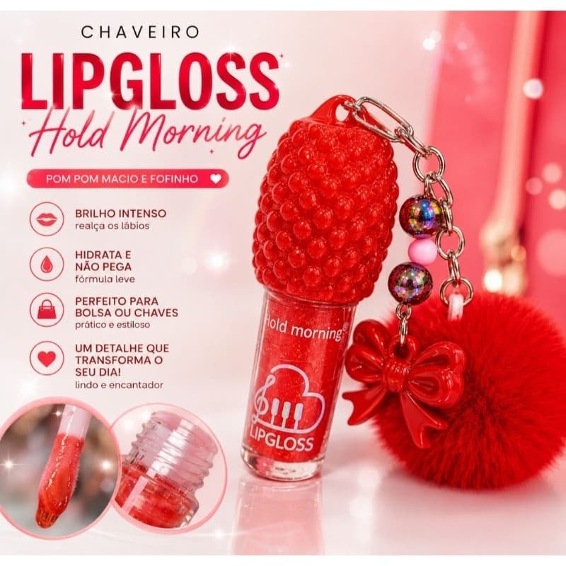 Lip Gloss Chaveiro Moranguinho com Pompom Fofo Hidratante Brilho Labial Kawaii