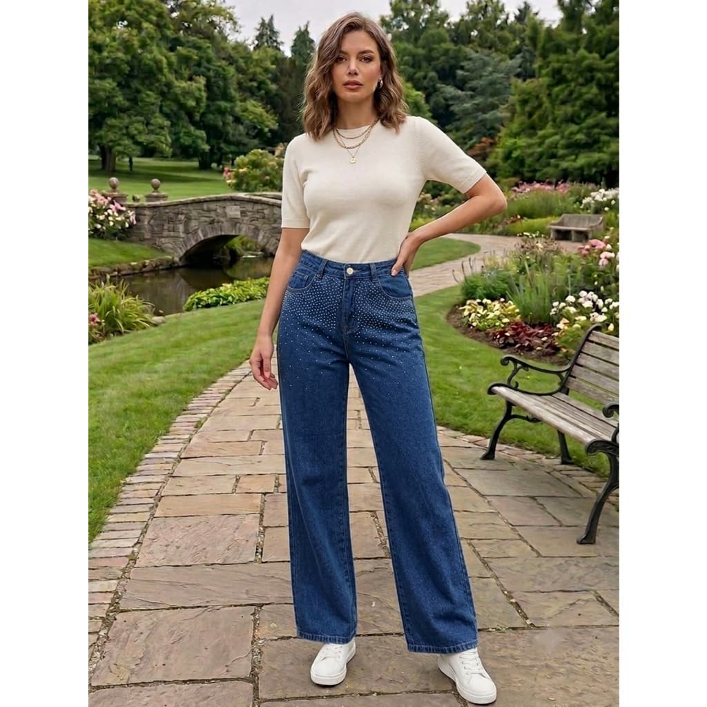 Calça jeans wide leg com brilho novo feminino