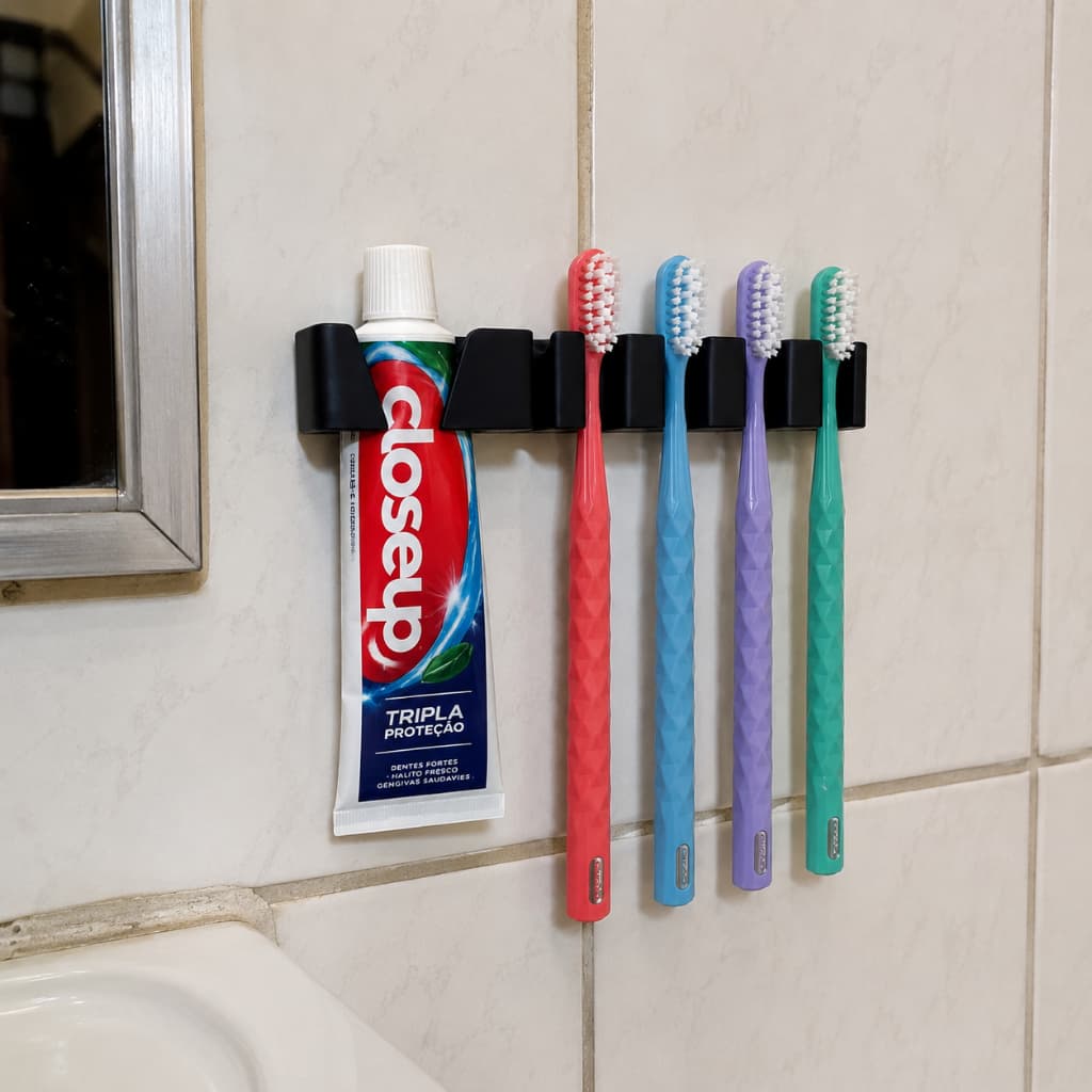 Suporte Escovas de Dente Porta Pasta Organizador Banheiro 5 em 1 Parede Adesivo Fita 3M Moderno