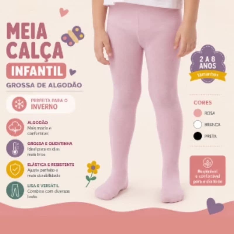 Meia Calça Infantil menina | Grossa de algodão, de 2 até 8 anos I Inverno, Lisa Branca, Rosa, Preta