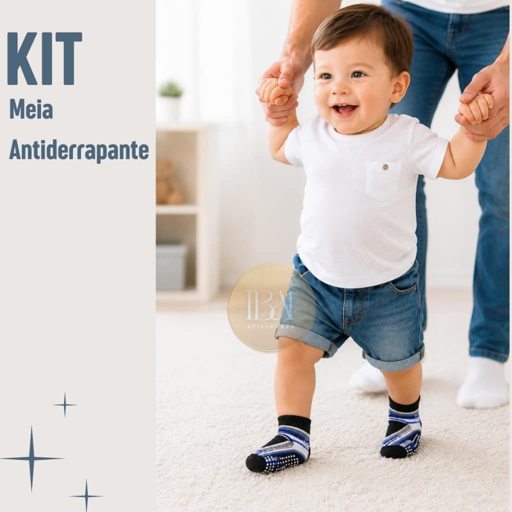 Meia Infantil Antiderrapante para Menino KIT com 3 Tamanho 1-3 Anos Macia, Segura e confortável