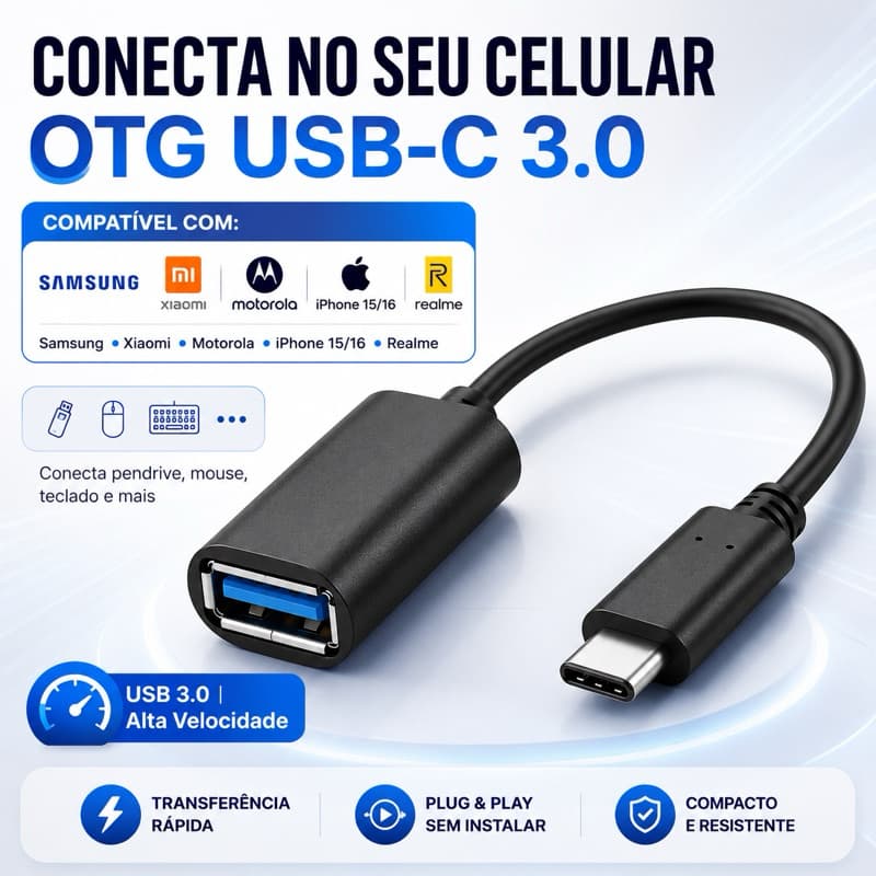 Cabo OTG USB Tipo C para USB A 3.0 Pendrive Mouse Teclado Android Samsung Xiaomi Celular
