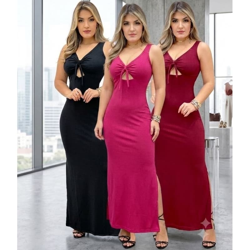 Vestido feminino longo com fenda kit de vestidos longo canelado
