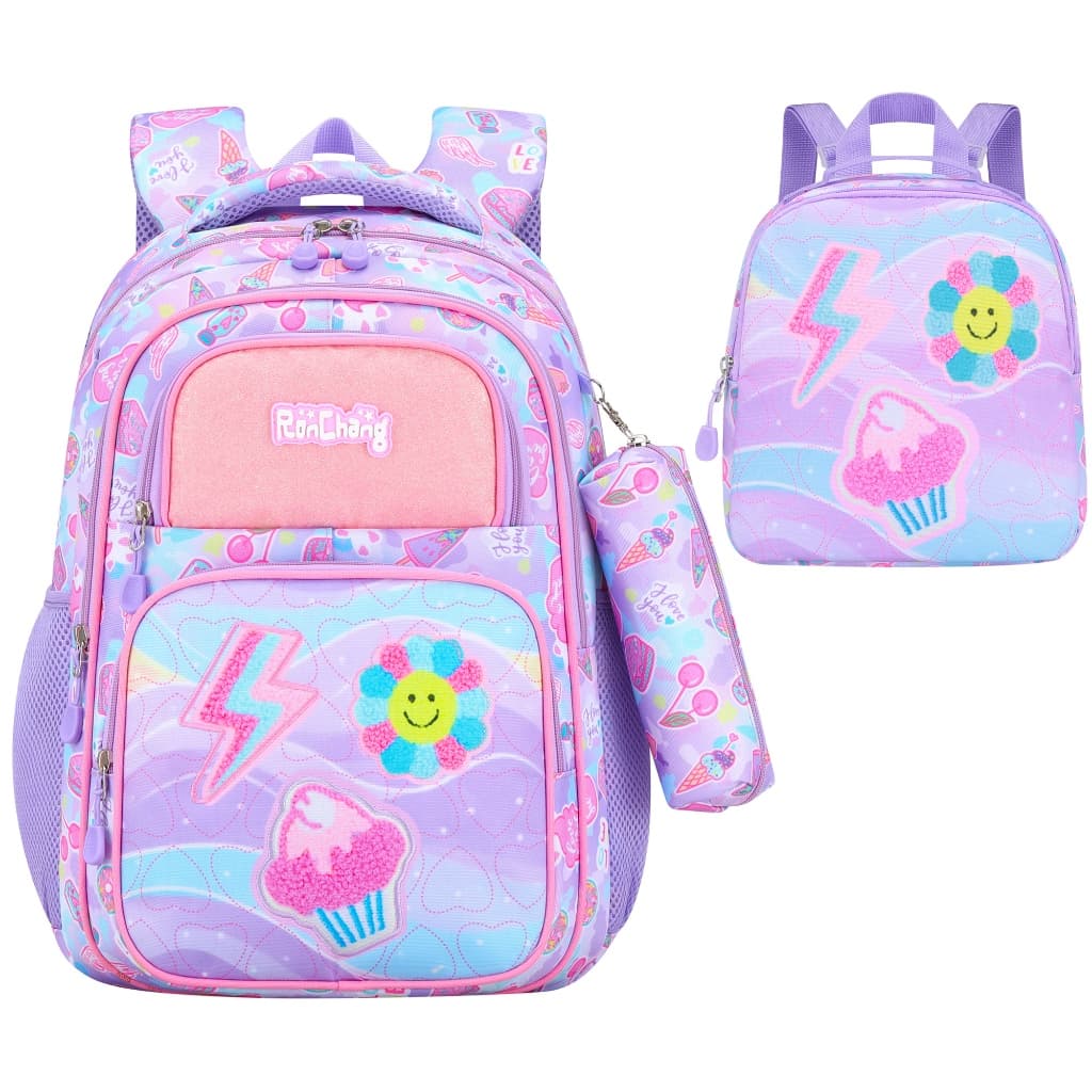 Kit Mochila Escolar Infantil Feminina 3 Peças Lancheira Térmica Estojo Raio Flor Sorvete para Escola Passeio