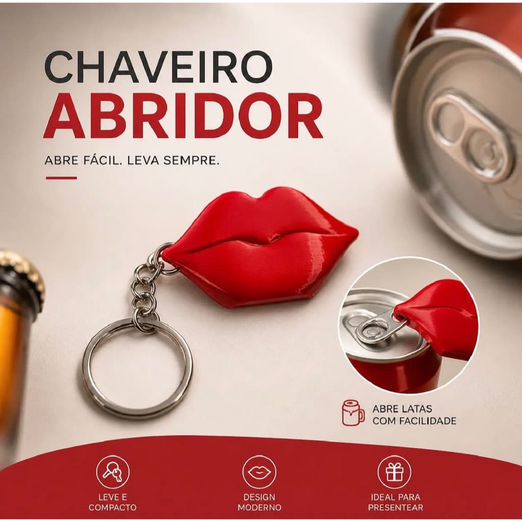 Chaveiro Abridor de Latas Formato Labios - Kit com 5 ou 10 Unidades
