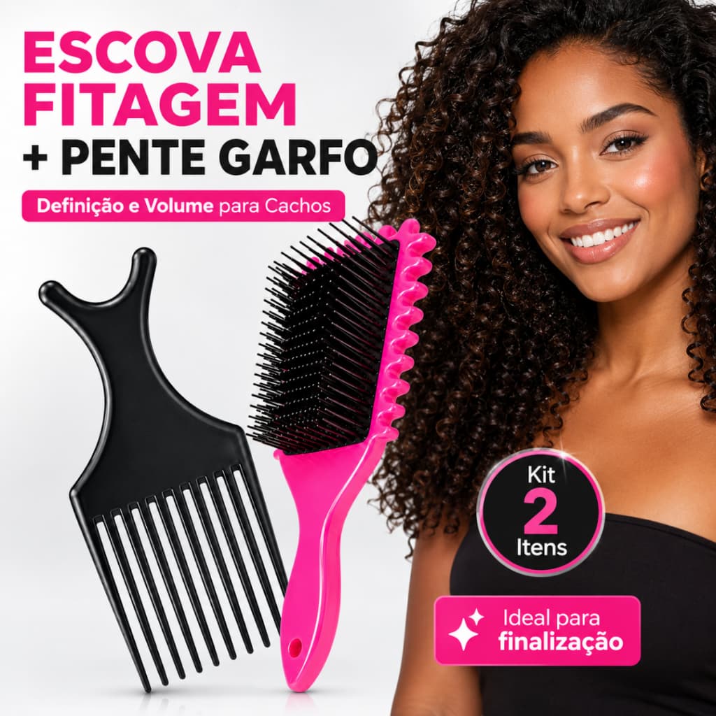 Kit Escova Fitagem Gringa + Pente Garfo Para Cachos Definição E Volume