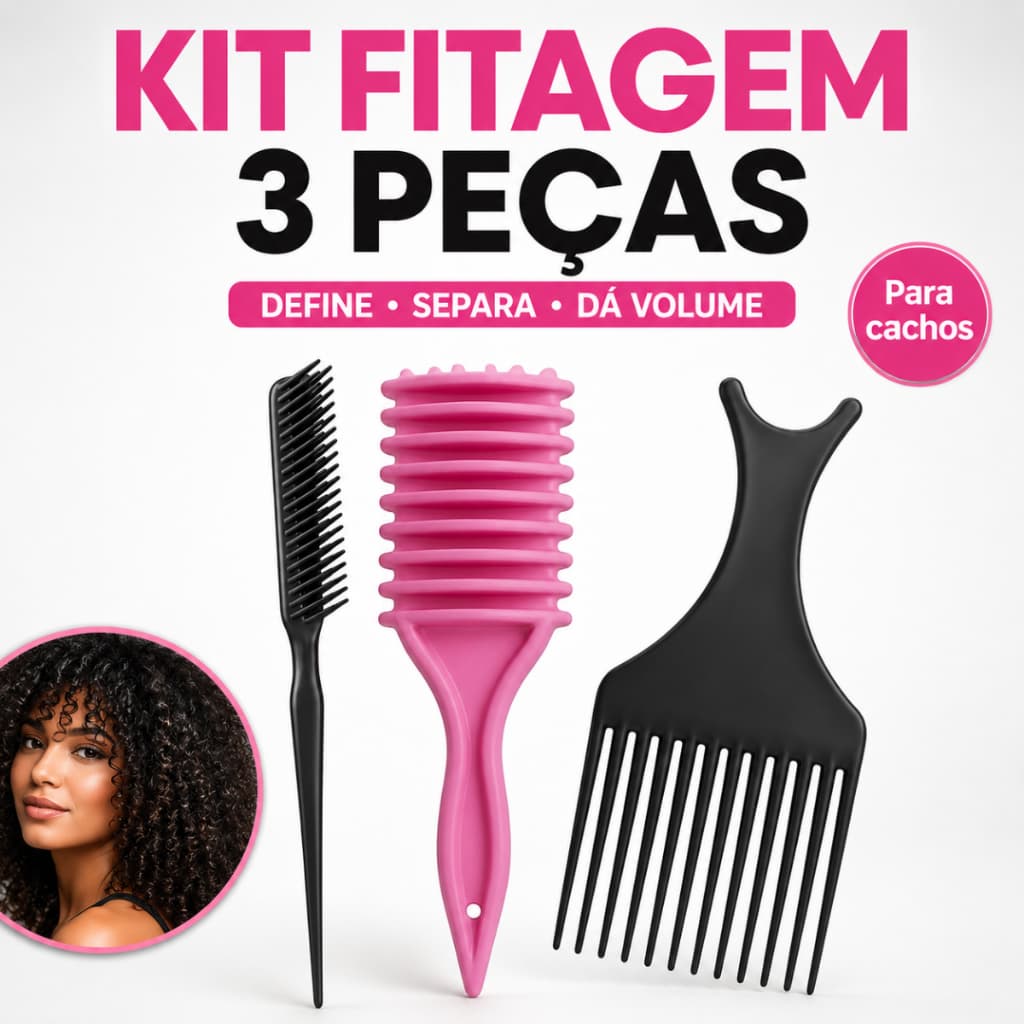 Kit Escova Gringa Fitagem + Pente Garfo + Pente 3 Fileiras Para Cachos