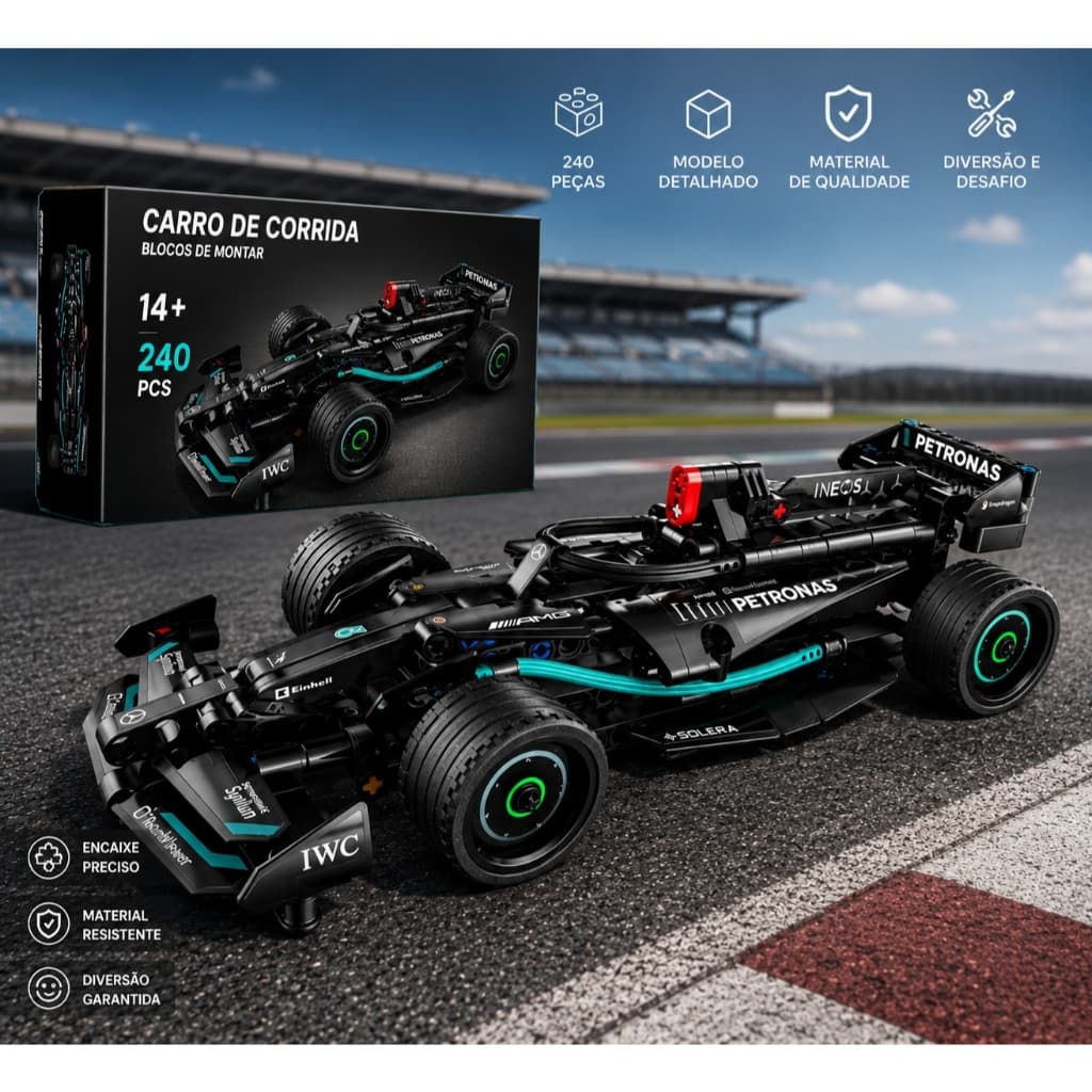 Bloco de Montar Carro de Corrida Inspirado no Mercedes-AMG 240 Peças Pull Back Puxe e Solte