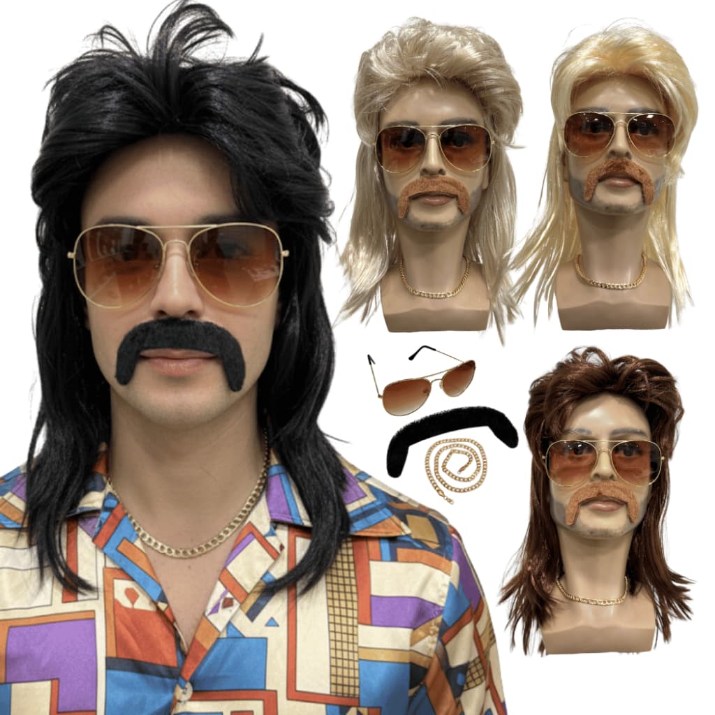 Peruca Retrô Anos 80 Rock Com Bigode Óculos Cordão Fantasia