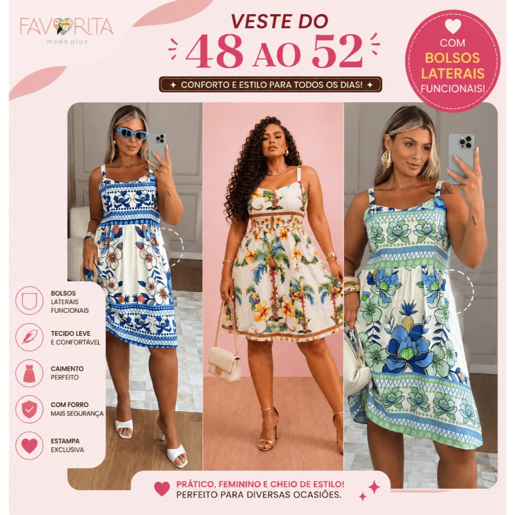 Vestido Curto Plus Size com Bolso e Forro Estampa Tropical Elegante Sofisticado Chique Estiloso