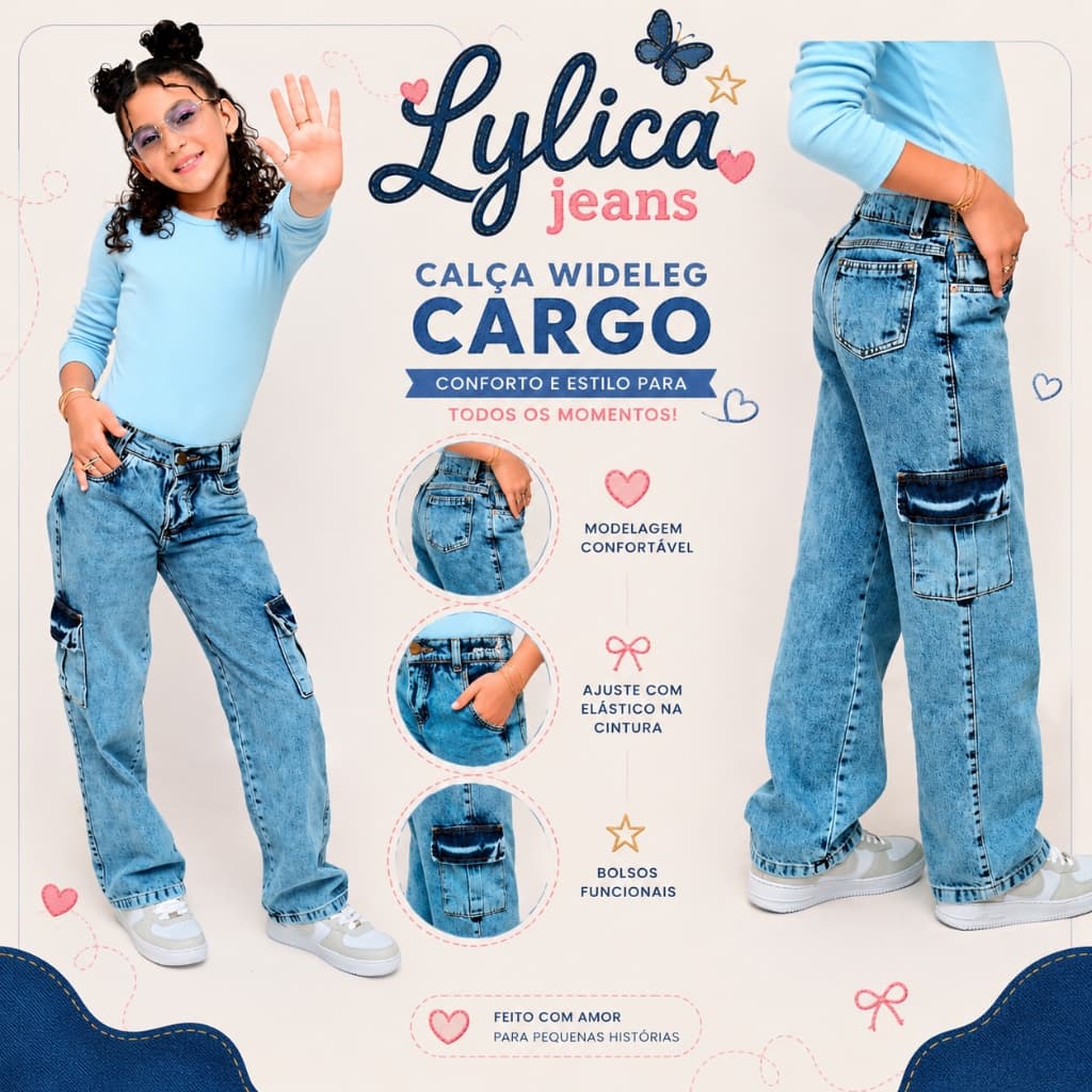 Calça Jeans Infantil Feminina WideLeg Cargo Azul Marmorizada Juvenil 8 a 16 Anos Lançamento Exclusivo Alto Padrão