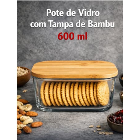 Pote Hermetico Vidro Retangular Tampa Bambu 600ml Armazenamento Seguro Conservacao Alimentos
