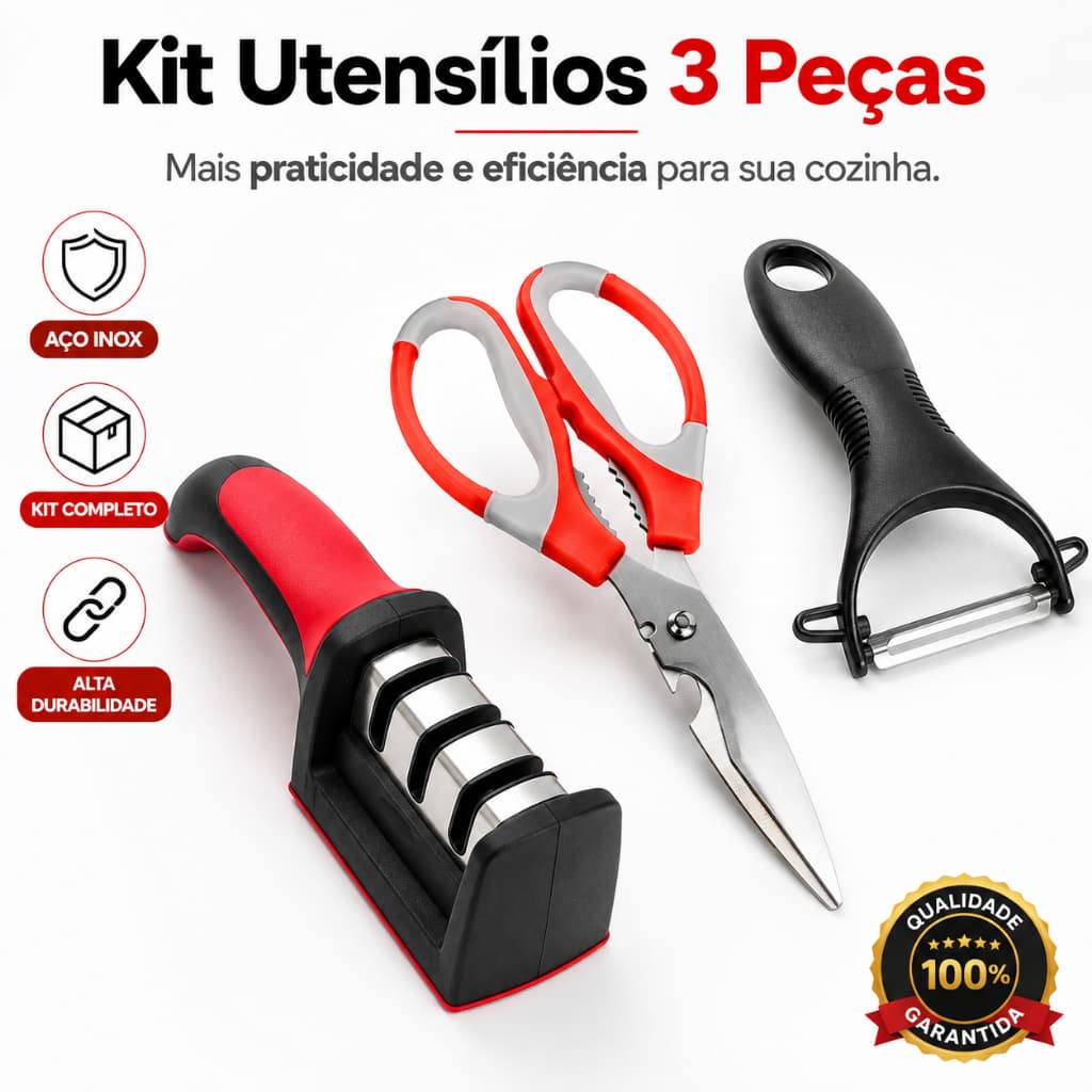 Kit Utensílios Cozinha 3 Peças Amolador de Facas Tesoura Descascador Aço Inox Premium