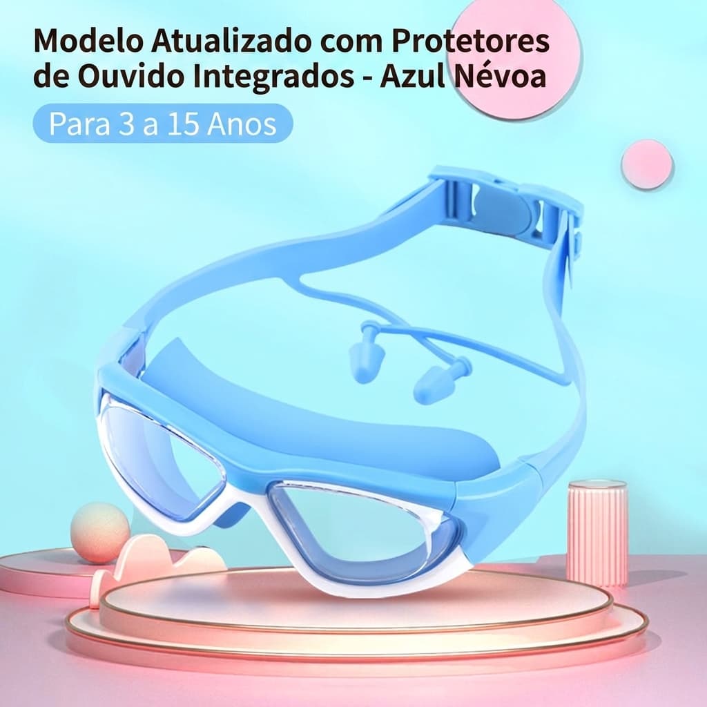 Óculos de Natação Infantil Impermeável Antiembaçante com Protetor Auricular – Meninos e Meninas