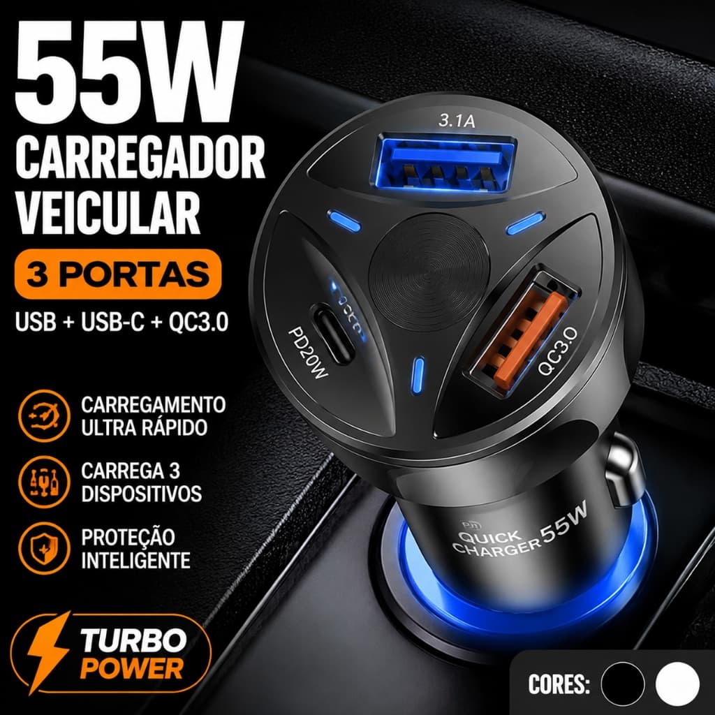 Carregador Veicular USB 3 Portas QC3.0 Carga Rápida para Celular