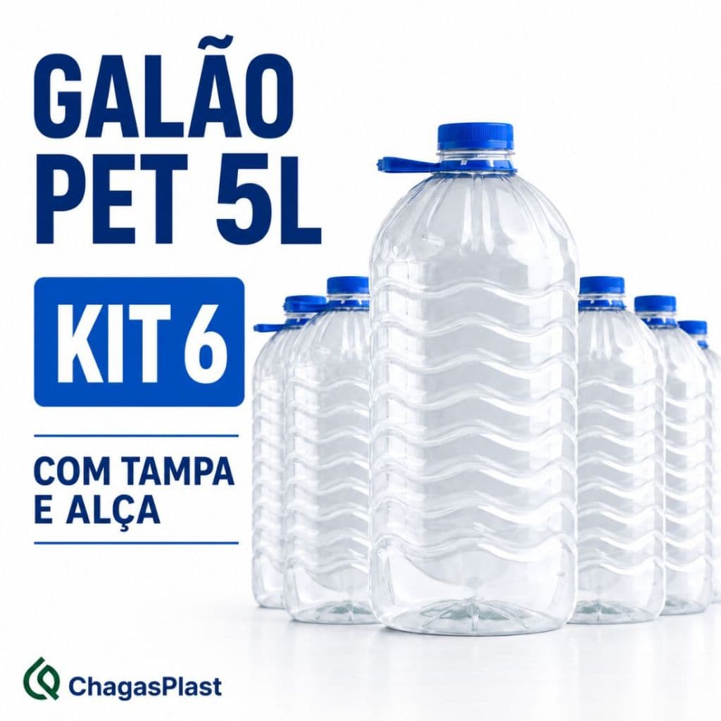 Garrafa PET 5 Litros Galão – 6 Unidades – Tampa e Alça Boca 46mm Para Envase PET Virgem BPA Free, 5L