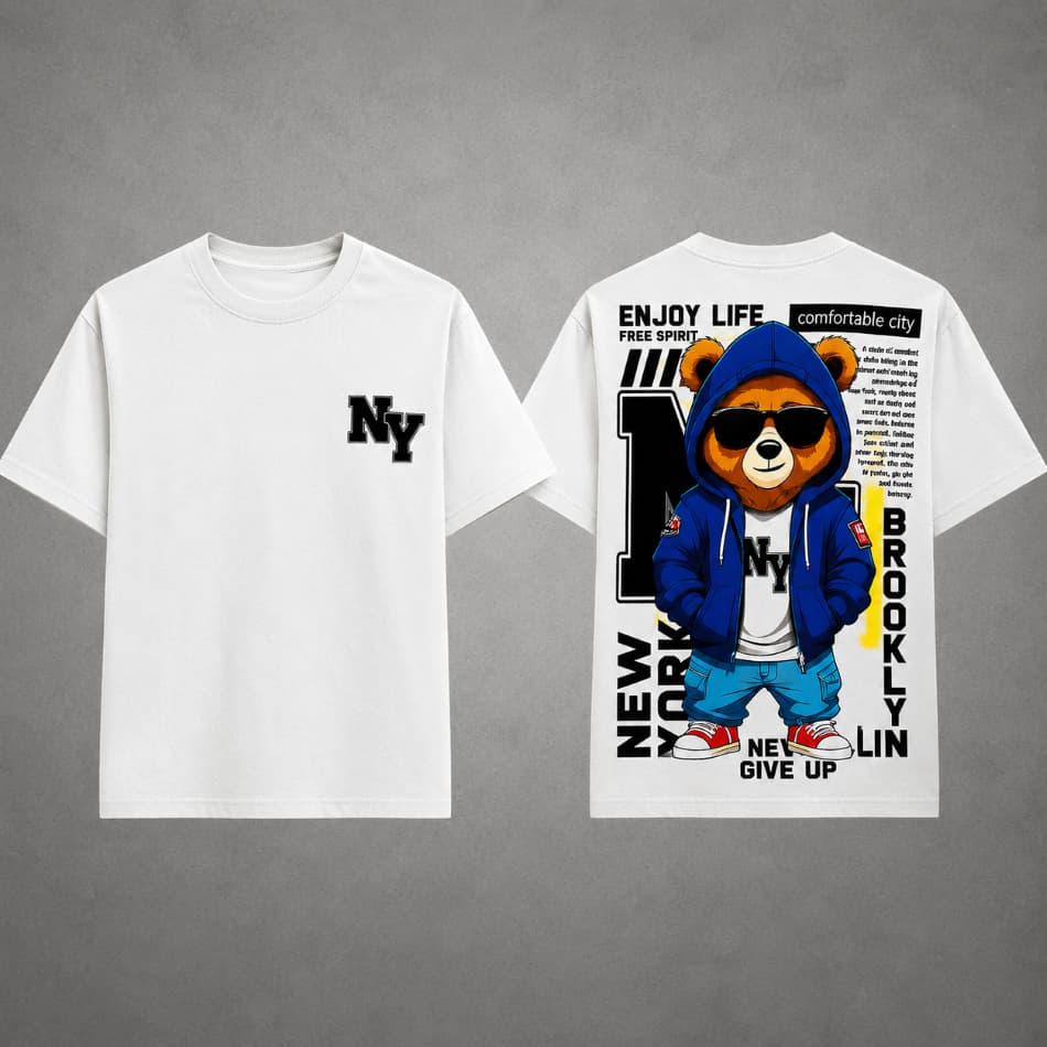 Camiseta Infantil Streetwear Urso NY Menino Manga Curta Estampada