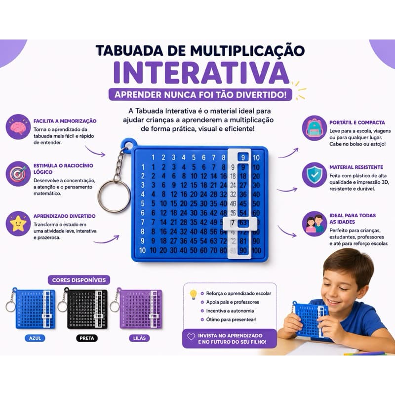 Chaveiro Tabuada Interativa de Multiplicação Material Escolar Educativo tabuada portátil