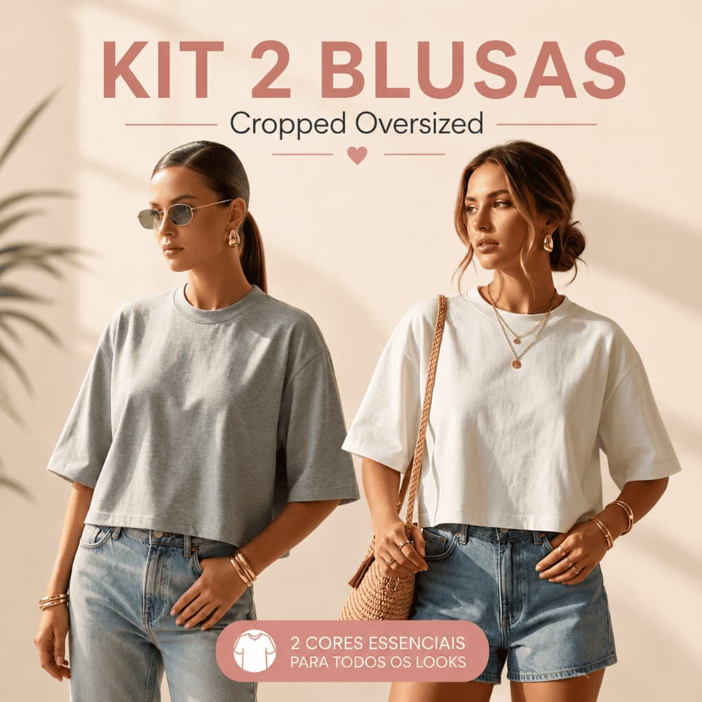Kit 2 T-shirt Cropped Feminina Confortável Blusa Básica Leve Camiseta Manga Curta 100% Algodão