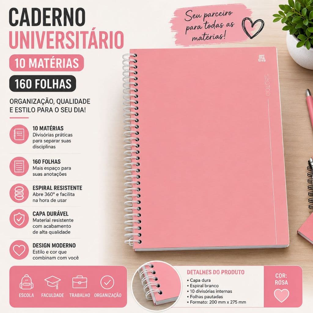 Caderno Universitário Espiral 10 Matérias 160 Folhas Rosa – Capa Dura | Ideal para Escola, Faculdade e Trabalho
