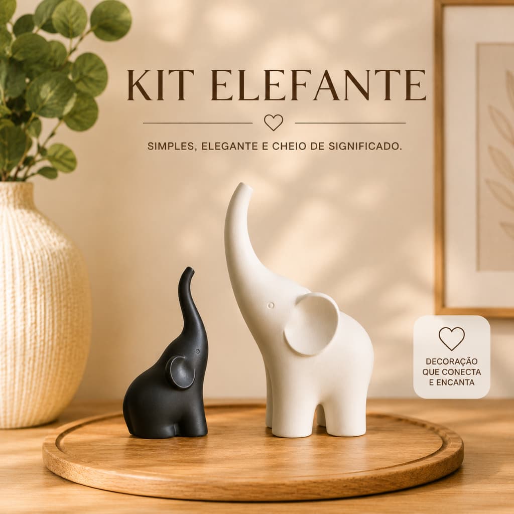 Kit Elefantes Decorativos 15 10 12 cm Casa Sala Quarto Branco e Preto