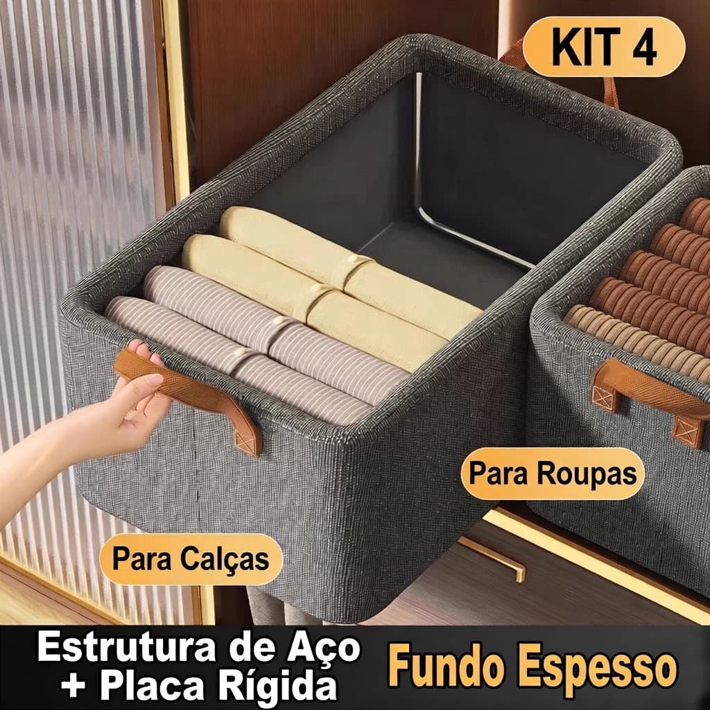 Kit 4 Cestos Organizadores Tecido com Estrutura de Aço para Roupas Guarda-Roupa