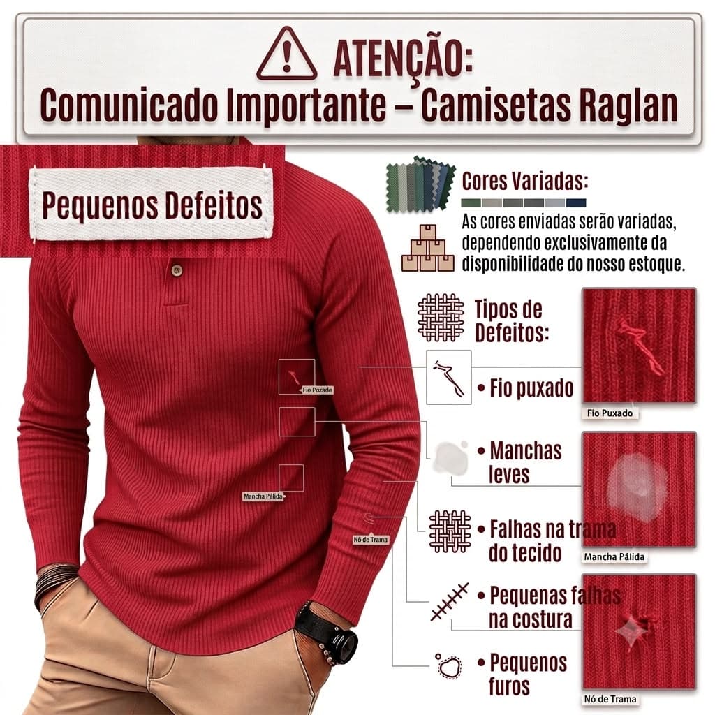 Camiseta Masculina Manga Longa Raglan Modelo Premium PEQUENOS DEFEITOS