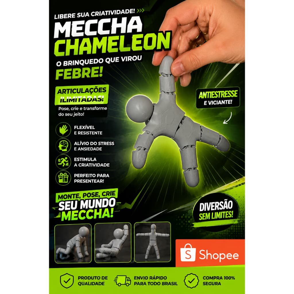 Meccha Chameleon – Brinquedo ARTICULADO | Flexível | Fidget Toy | Decoração