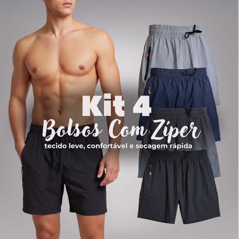 Kit 4 Bermuda Masculina Short Spandex Tecido Gelado Premium Bolsos Com Zíper