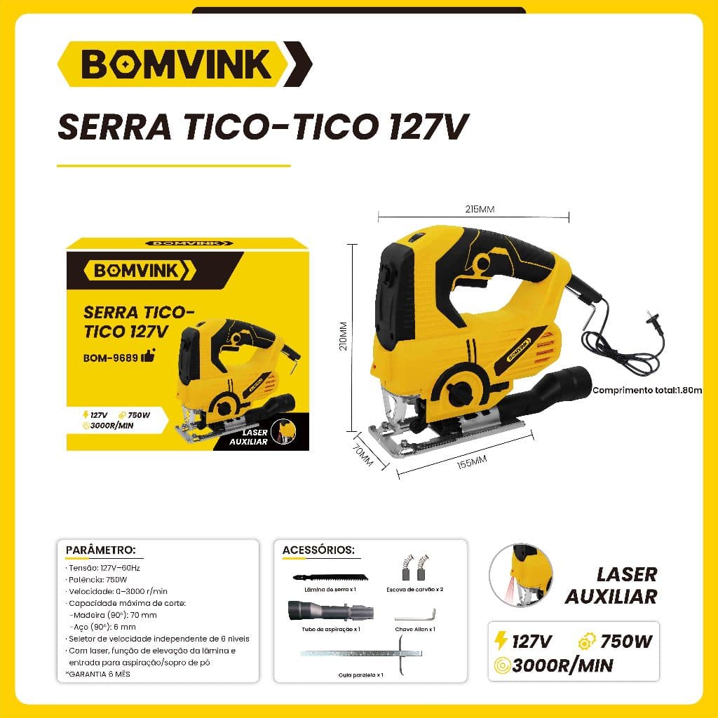 Serra Tico-Tico 127V Motor 750W Potente Laser Auxiliar Integrado 6 Níveis De Velocidade Reguláveis