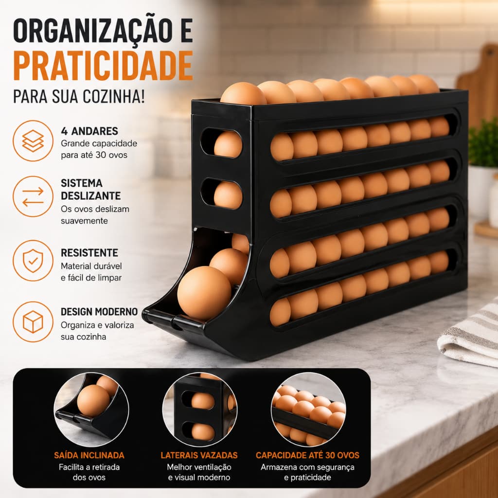 Porta Ovos 4 andares Organizador Automatico 30 Ovos Rolante Geladeira