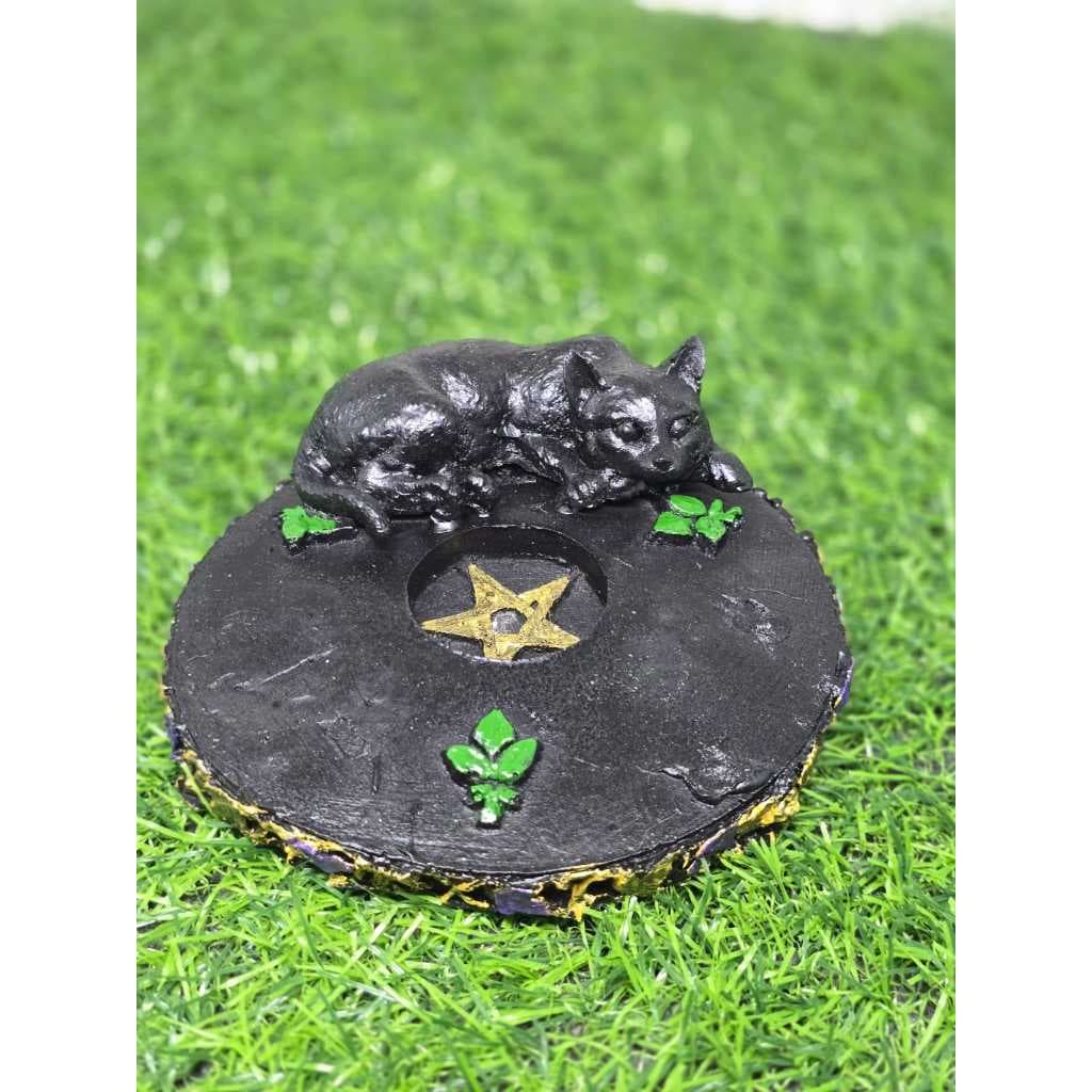 Incensário e Porta Vela Pentagrama com Gato 12 cm Resina Decoração Wicca