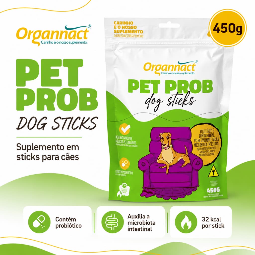 Pet Prob Dog Sticks Organnact 450g Petisco Funcional Probiótico Cães Flora Intestinal Suplemento Sau
